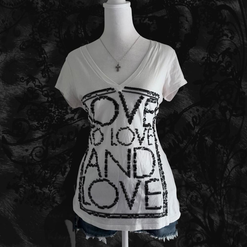 black sequin "LOVE TO LOVE AND LOVE" tumblr swag live laugh love core white top